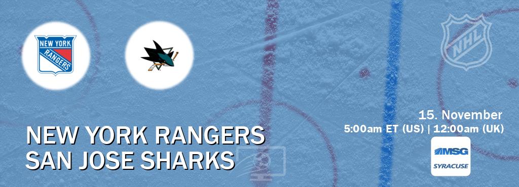 You can watch game live between New York Rangers and San Jose Sharks on MSG Syracuse(US).