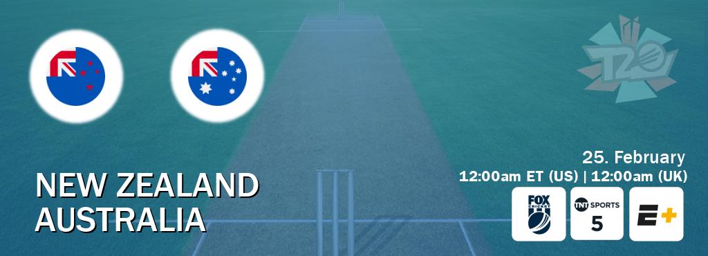 You can watch game live between New Zealand and Australia on Fox Cricket(AU), TNT Sports 5(UK), ESPN+(US).