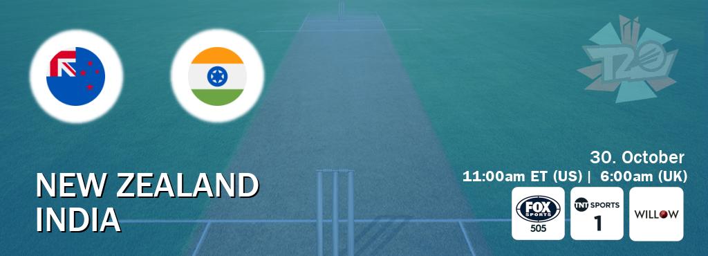 You can watch game live between New Zealand and India on Fox Sports 505(AU), TNT Sports 1(UK), Willov TV(US).