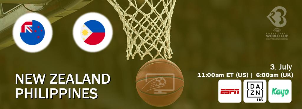 You can watch game live between New Zealand and Philippines on ESPN(AU), DAZN(US), Kayo Sports(AU).
