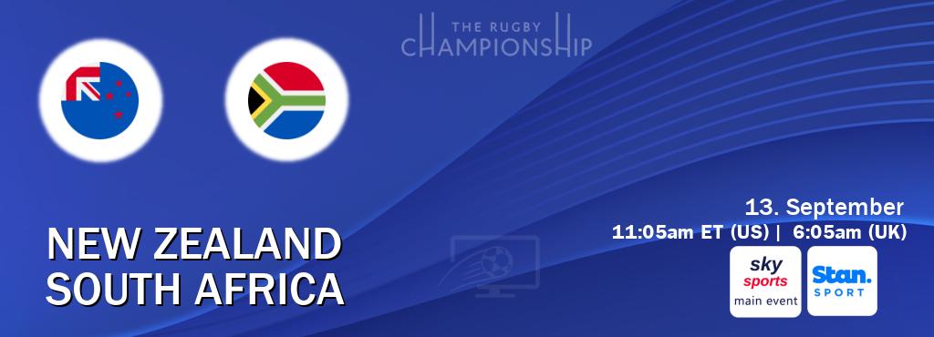 You can watch game live between New Zealand and South Africa on Sky Sports Main Event(UK) and Stan Sport(AU). You can watch game live between New Zealand and South Africa on Sky Sports Main Event(UK) and Stan Sport(AU).