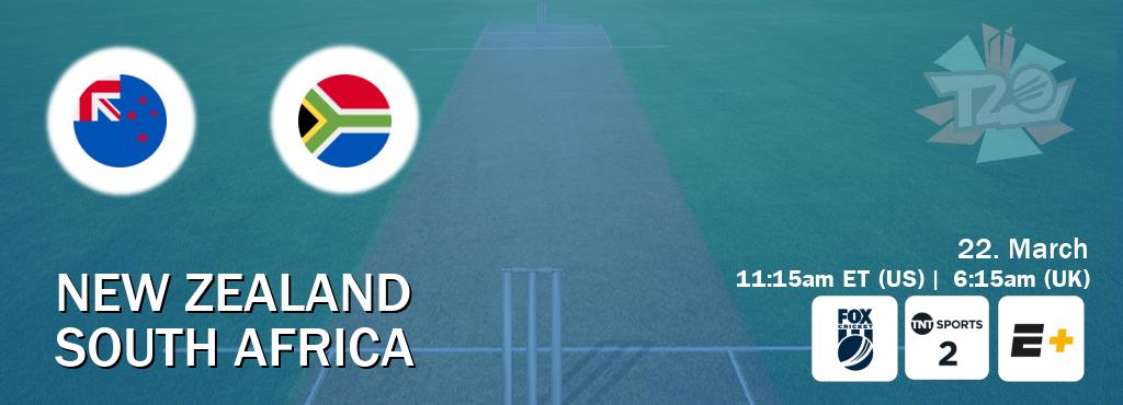 You can watch game live between New Zealand and South Africa on Fox Cricket(AU), TNT Sports 2(UK), ESPN+(US).