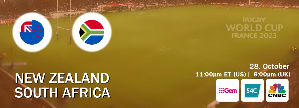 You can watch game live between New Zealand and South Africa on 9Gem(AU), S4C(UK), CNBC(US).