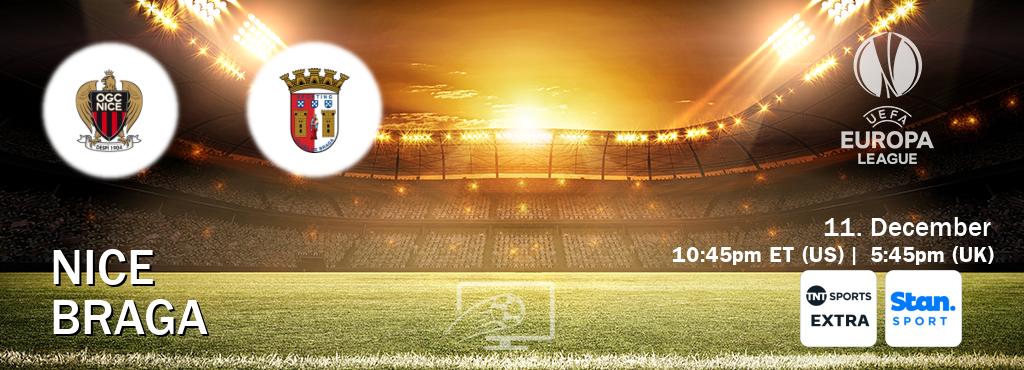 You can watch game live between Nice and Braga on TNT Sports Extra(UK) and Stan Sport(AU). You can watch game live between Nice and Braga on TNT Sports Extra(UK) and Stan Sport(AU).