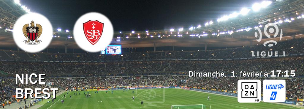 Match entre Nice et Brest en direct à la DAZN et Ligue 1+ 4 (dimanche,  1. février a  17:15).