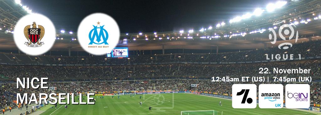 You can watch game live between Nice and Marseille on OneFootball, Amazon Prime Video UK(UK), beIN SPORTS USA(US).