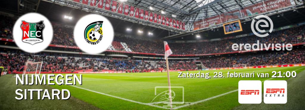 Wedstrijd tussen Nijmegen en Sittard live op tv bij ESPN 1, ESPN Extra (zaterdag, 28. februari van  21:00).