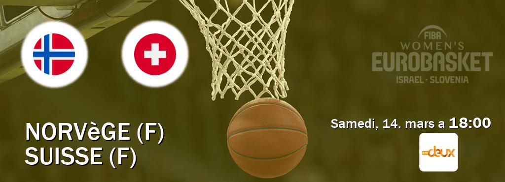 Match entre Norvège (F) et Suisse (F) en direct à la RTS 2 (samedi, 14. mars a  18:00).