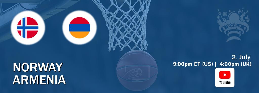 You can watch game live between Norway and Armenia on Youtube.