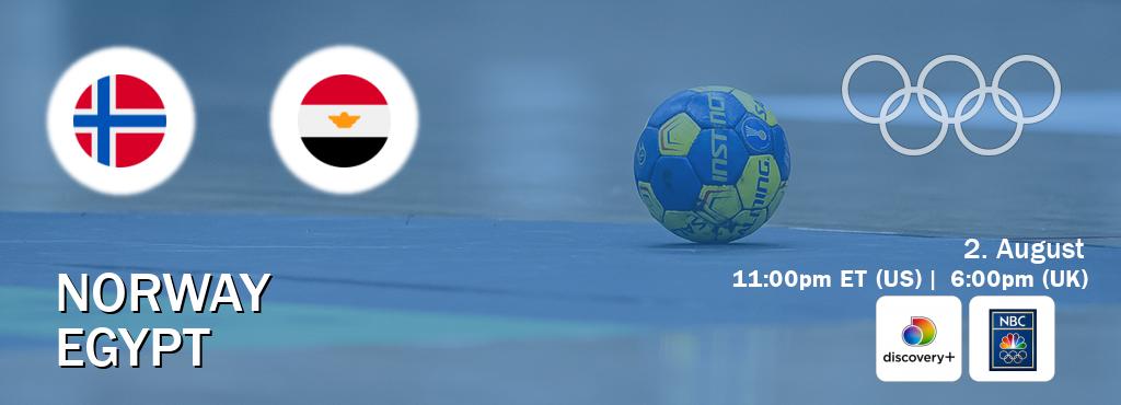 You can watch game live between Norway and Egypt on Discovery +(UK) and NBC Olympics(US).