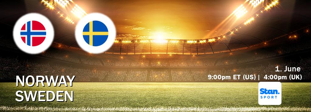 You can watch game live between Norway and Sweden on Stan Sport(AU).
