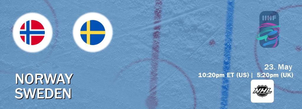 You can watch game live between Norway and Sweden on NHL Network(US). You can watch game live between Norway and Sweden on NHL Network(US).
