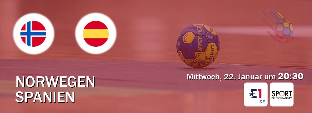 Das Spiel zwischen Norwegen und Spanien wird am Mittwoch, 22. Januar um  20:30, live vom Eurosport 1 und Sportdeutschland.TV übertragen.