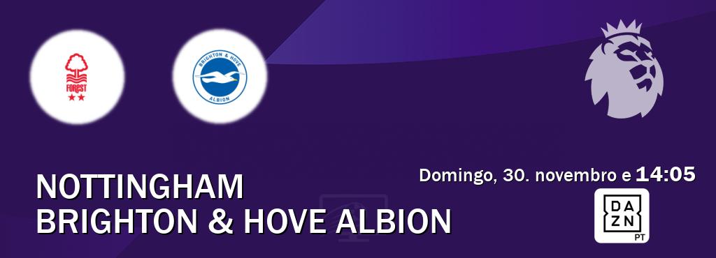 Jogo entre Nottingham e Brighton & Hove Albion tem emissão DAZN (domingo, 30. novembro e  14:05).