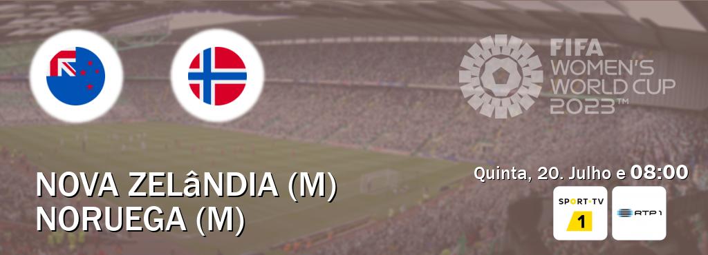 Jogo entre Nova Zelândia (M) e Noruega (M) tem emissão Sport TV 1, RTP 1 (Quinta, 20. Julho e  08:00).