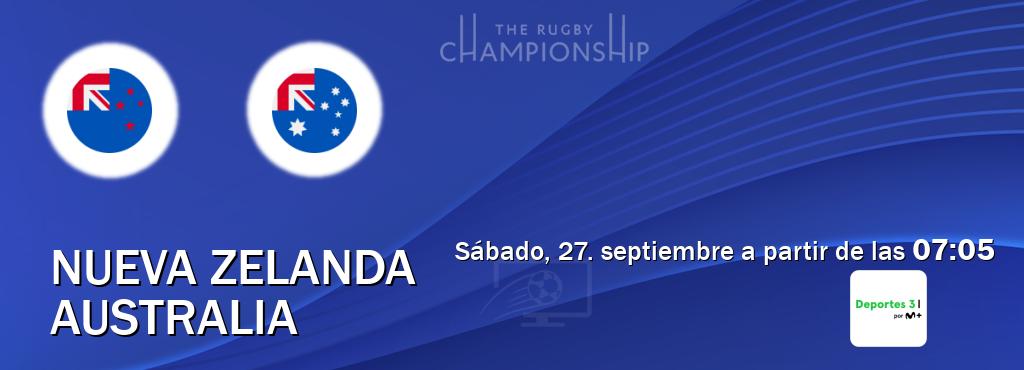 El partido entre Nueva Zelanda y Australia será retransmitido por Movistar Deportes 3 (sábado, 27. septiembre a partir de las 07:05). El partido entre Nueva Zelanda y Australia será retransmitido por Movistar Deportes 3 (sábado, 27. septiembre a partir de las 07:05).
