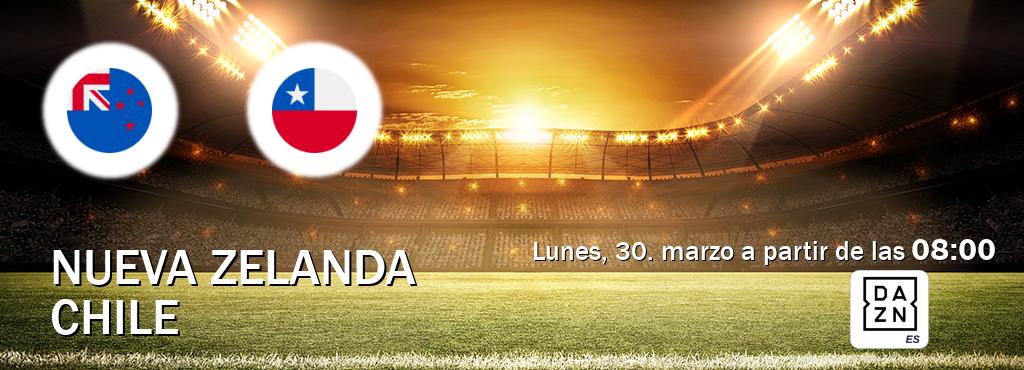 El partido entre Nueva Zelanda y Chile será retransmitido por DAZN España (lunes, 30. marzo a partir de las  08:00).