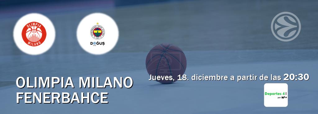 El partido entre Olimpia Milano y Fenerbahce será retransmitido por Movistar Deportes 4 (jueves, 18. diciembre a partir de las  20:30).