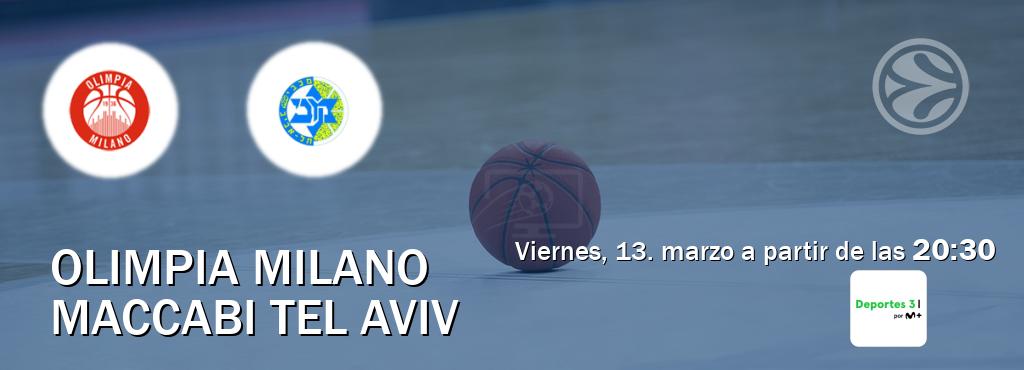 El partido entre Olimpia Milano y Maccabi Tel Aviv será retransmitido por Movistar Deportes 3 (viernes, 13. marzo a partir de las  20:30).