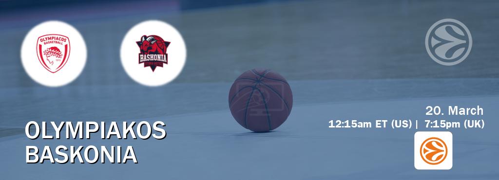 You can watch game live between Olympiakos and Baskonia on EuroLeague TV. You can watch game live between Olympiakos and Baskonia on EuroLeague TV.