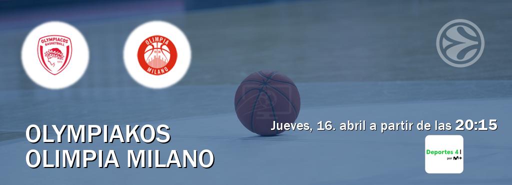 El partido entre Olympiakos y Olimpia Milano será retransmitido por Movistar Deportes 4 (jueves, 16. abril a partir de las 20:15). El partido entre Olympiakos y Olimpia Milano será retransmitido por Movistar Deportes 4 (jueves, 16. abril a partir de las 20:15).