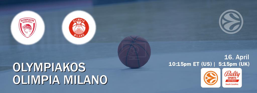 You can watch game live between Olympiakos and Olimpia Milano on EuroLeague TV and Bally Sports South Carolina(US).