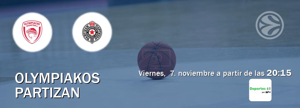 El partido entre Olympiakos y Partizan será retransmitido por Movistar Deportes 6 (viernes, 7. noviembre a partir de las 20:15). El partido entre Olympiakos y Partizan será retransmitido por Movistar Deportes 6 (viernes, 7. noviembre a partir de las 20:15).