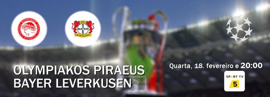 Jogo entre Olympiakos Piraeus e Bayer Leverkusen tem emissão Sport TV 5 (quarta, 18. fevereiro e 20:00). Jogo entre Olympiakos Piraeus e Bayer Leverkusen tem emissão Sport TV 5 (quarta, 18. fevereiro e 20:00).
