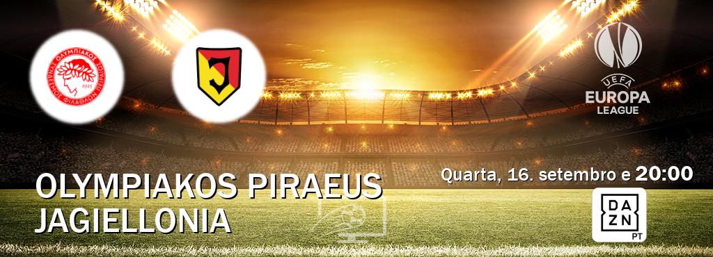 Jogo entre Olympiakos Piraeus e Jagiellonia tem emissão DAZN (quarta, 16. setembro e  20:00).