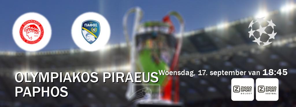 Wedstrijd tussen Olympiakos Piraeus en Paphos live op tv bij Ziggo Sport 2, Ziggo Sport (woensdag, 17. september van 18:45). Wedstrijd tussen Olympiakos Piraeus en Paphos live op tv bij Ziggo Sport 2, Ziggo Sport (woensdag, 17. september van 18:45).