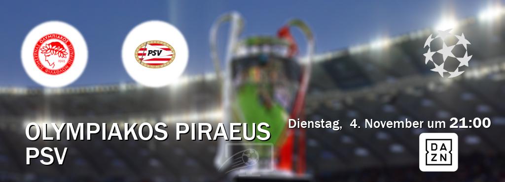 Das Spiel zwischen Olympiakos Piraeus und PSV wird am Dienstag, 4. November um 21:00, live vom DAZN übertragen. Das Spiel zwischen Olympiakos Piraeus und PSV wird am Dienstag, 4. November um 21:00, live vom DAZN übertragen.