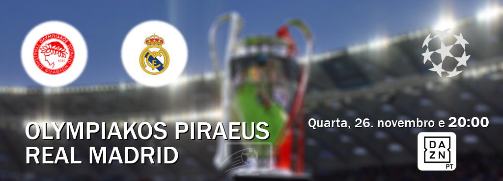 Jogo entre Olympiakos Piraeus e Real Madrid tem emissão DAZN (quarta, 26. novembro e  20:00).