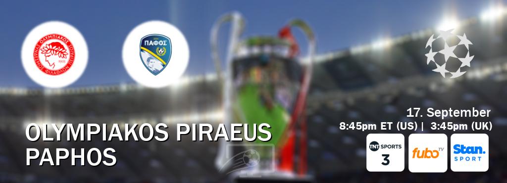 You can watch game live between Olympiakos Piraeus and Paphos on TNT Sports 3(UK), fuboTV(US), Stan Sport(AU). You can watch game live between Olympiakos Piraeus and Paphos on TNT Sports 3(UK), fuboTV(US), Stan Sport(AU).