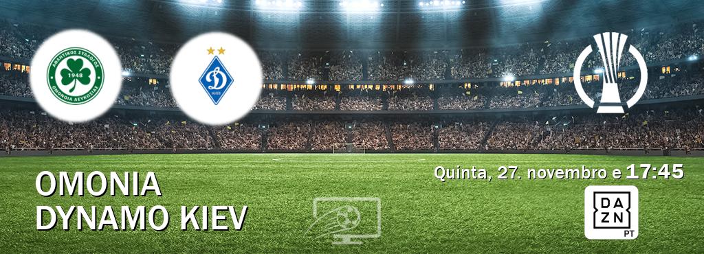 Jogo entre Omonia e Dynamo Kiev tem emissão DAZN (quinta, 27. novembro e  17:45).