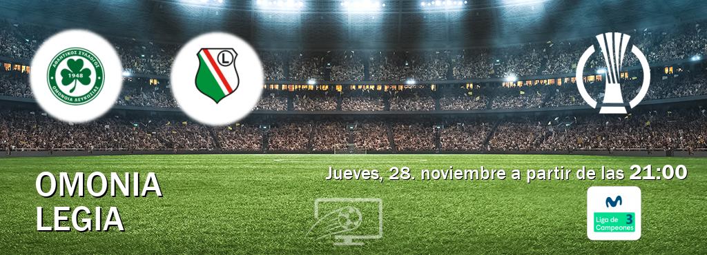 El partido entre Omonia y Legia será retransmitido por Movistar Liga de Campeones 3 (jueves, 28. noviembre a partir de las  21:00).