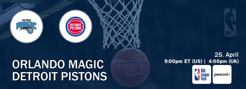 You can watch game live between Orlando Magic and Detroit Pistons on NBA League Pass and Peacock(US).