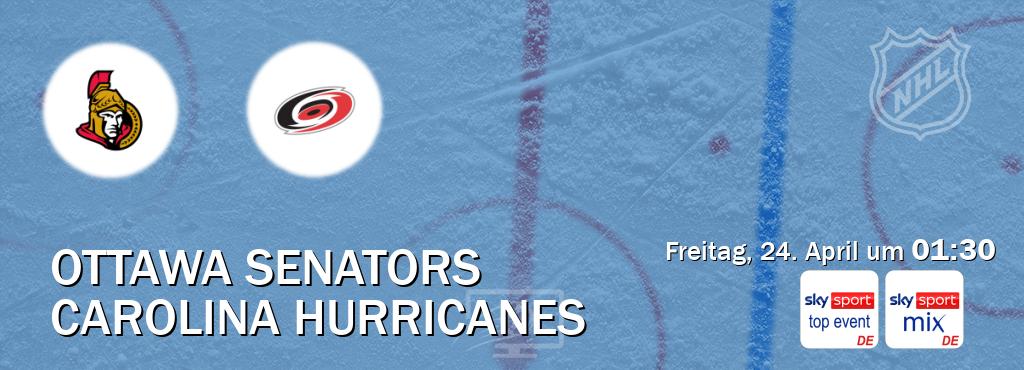 Das Spiel zwischen Ottawa Senators und Carolina Hurricanes wird am Freitag, 24. April um  01:30, live vom Sky Sport Top Event und Sky Sport Mix übertragen.