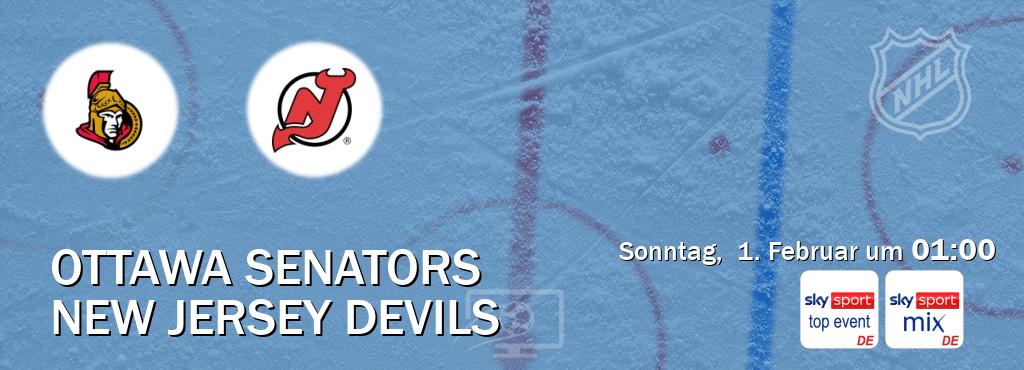 Das Spiel zwischen Ottawa Senators und New Jersey Devils wird am Sonntag,  1. Februar um  01:00, live vom Sky Sport Top Event und Sky Sport Mix übertragen.