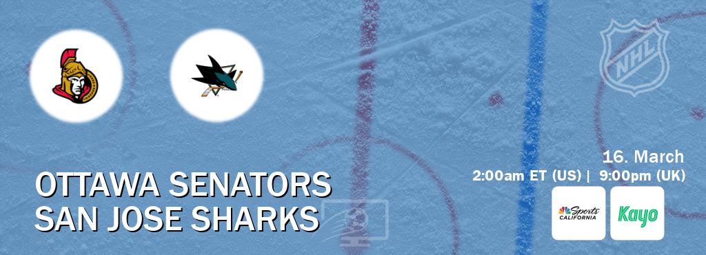 You can watch game live between Ottawa Senators and San Jose Sharks on NBCS California(US) and Kayo Sports(AU).
