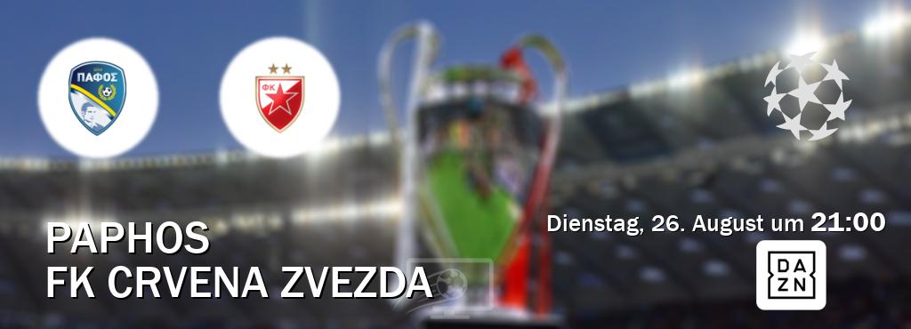 Das Spiel zwischen Paphos und FK Crvena zvezda wird am Dienstag, 26. August um 21:00, live vom DAZN übertragen. Das Spiel zwischen Paphos und FK Crvena zvezda wird am Dienstag, 26. August um 21:00, live vom DAZN übertragen.
