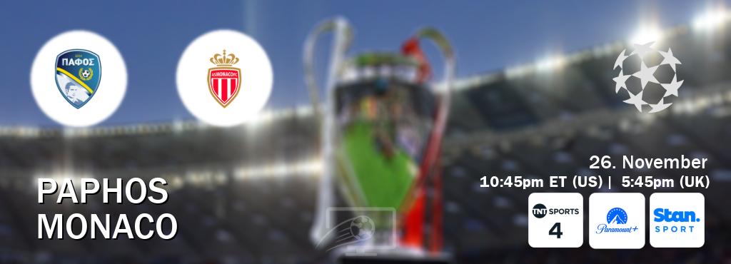 You can watch game live between Paphos and Monaco on TNT Sports 4(UK), Paramount+(US), Stan Sport(AU). You can watch game live between Paphos and Monaco on TNT Sports 4(UK), Paramount+(US), Stan Sport(AU).