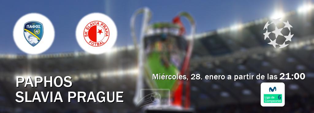 El partido entre Paphos y Slavia Prague será retransmitido por Movistar Liga de Campeones 6  (miércoles, 28. enero a partir de las  21:00).