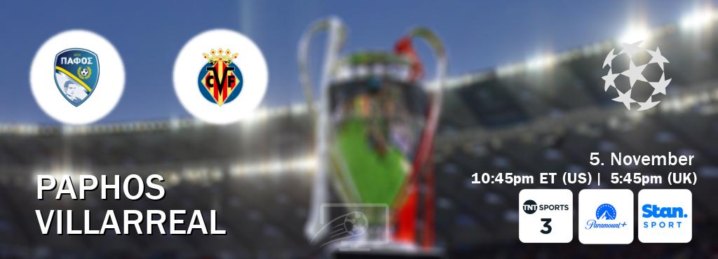 You can watch game live between Paphos and Villarreal on TNT Sports 3(UK), Paramount+(US), Stan Sport(AU). You can watch game live between Paphos and Villarreal on TNT Sports 3(UK), Paramount+(US), Stan Sport(AU).