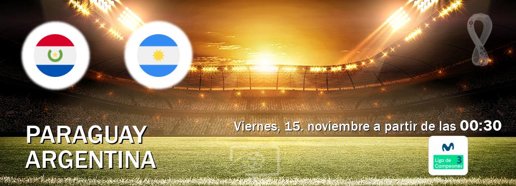 El partido entre Paraguay y Argentina será retransmitido por Movistar Liga de Campeones 3 (viernes, 15. noviembre a partir de las  00:30).