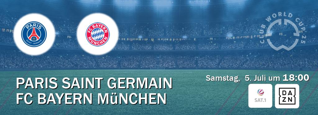 Das Spiel zwischen Paris Saint Germain und FC Bayern München wird am Samstag,  5. Juli um  18:00, live vom SAT.1 und DAZN übertragen.