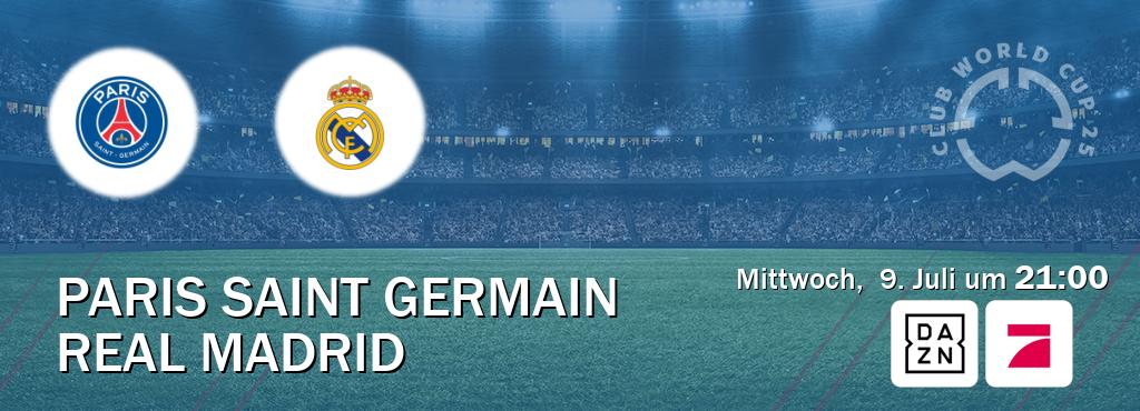 Das Spiel zwischen Paris Saint Germain und Real Madrid wird am Mittwoch,  9. Juli um  21:00, live vom DAZN und ProSieben übertragen.