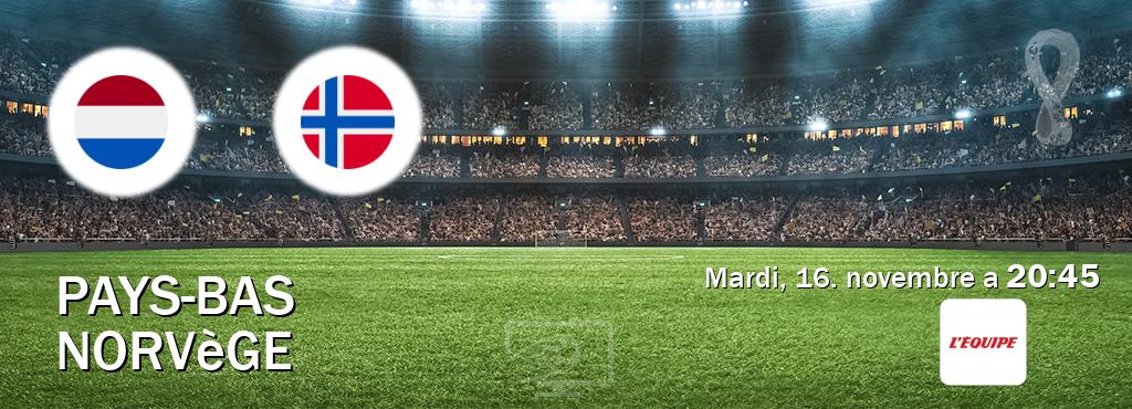Match entre Pays-Bas et Norvège en direct à la L Equipe (mardi, 16. novembre a  20:45).