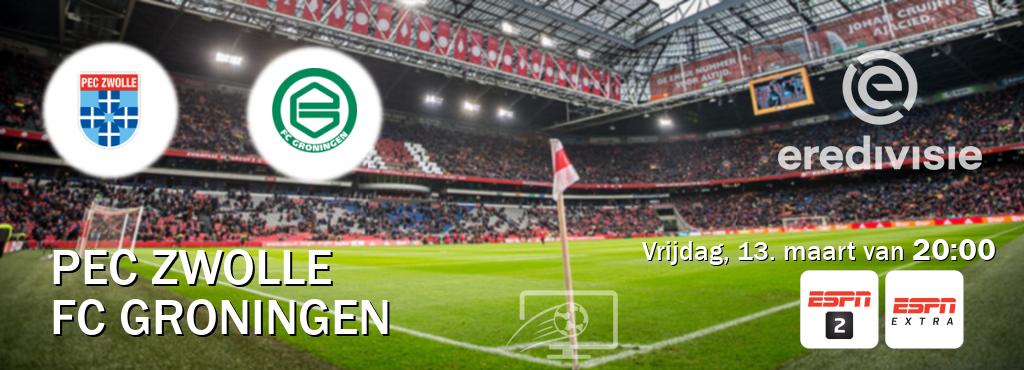 Wedstrijd tussen PEC Zwolle en FC Groningen live op tv bij ESPN 2, ESPN Extra (vrijdag, 13. maart van 20:00). Wedstrijd tussen PEC Zwolle en FC Groningen live op tv bij ESPN 2, ESPN Extra (vrijdag, 13. maart van 20:00).