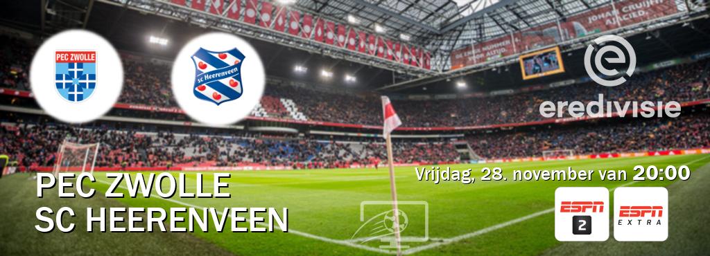 Wedstrijd tussen PEC Zwolle en SC Heerenveen live op tv bij ESPN 2, ESPN Extra (vrijdag, 28. november van 20:00). Wedstrijd tussen PEC Zwolle en SC Heerenveen live op tv bij ESPN 2, ESPN Extra (vrijdag, 28. november van 20:00).