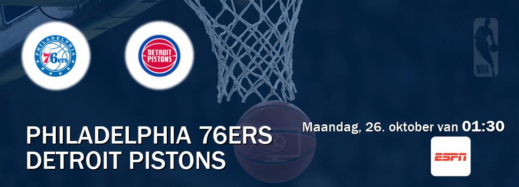 Wedstrijd tussen Philadelphia 76ers en Detroit Pistons live op tv bij ESPN 1 (maandag, 26. oktober van 01:30). Wedstrijd tussen Philadelphia 76ers en Detroit Pistons live op tv bij ESPN 1 (maandag, 26. oktober van 01:30).